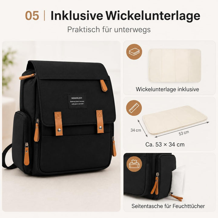 Heberlein Prestige Baby Wickelrucksack - grosse Wickeltasche für Mama &amp; Papa, wasserabweisend mit vi