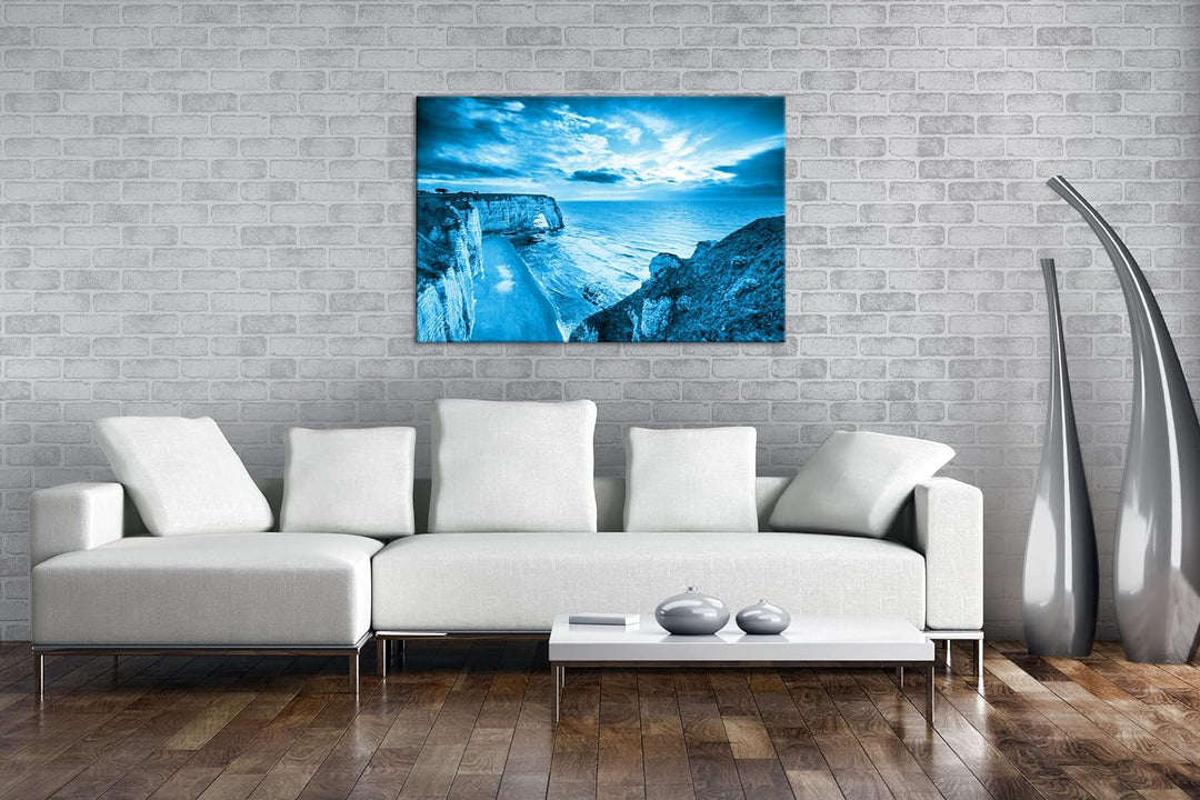 bezaubernder Strand in der Normandie Format 80x60 Effekt: Monocrome Blau als Leinwandbild, Motiv fer