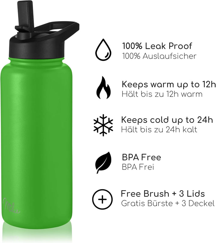 Milu Edelstahl Trinkflasche 500ml 750ml 1000ml (+3 Deckel) - Thermosflasche mit Strohhalm, Isolierte