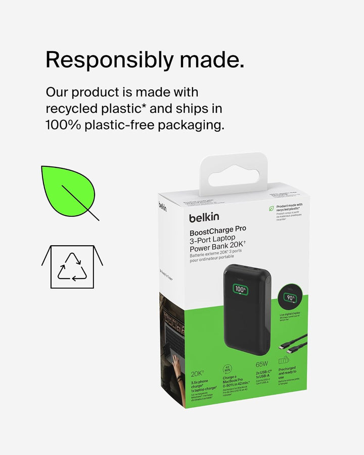 Belkin BoostCharge 3-Port Laptop Powerbank 20K, USB-C-Anschlüsse und USB-A-Anschluss, USB-C Power De