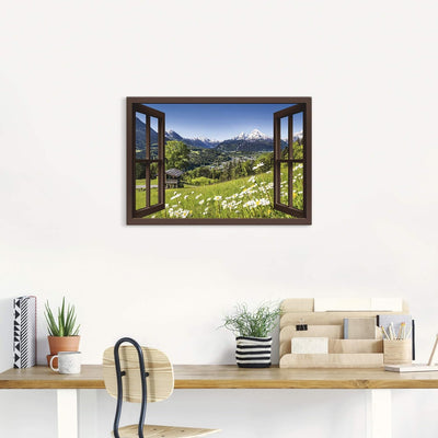 Artland Leinwandbild Wandbild Bild auf Leinwand 70x50 cm Wanddeko Fensterblick Fenster Alpen Landsch