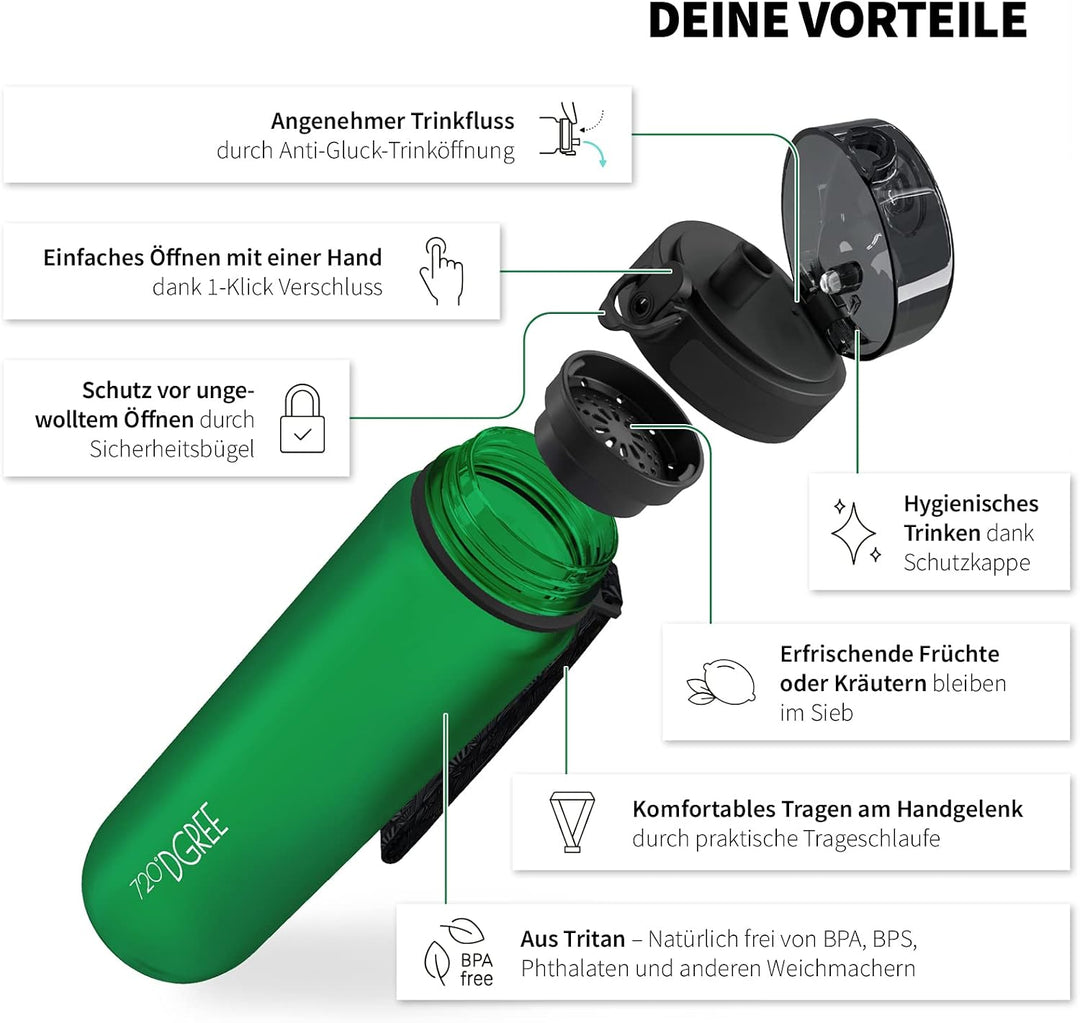 720°DGREE Trinkflasche “uberBottle“ +Sieb - 350ml, 500ml, 650ml, 1000ml, 1,5l, 2l - BPA-Frei - Wasse