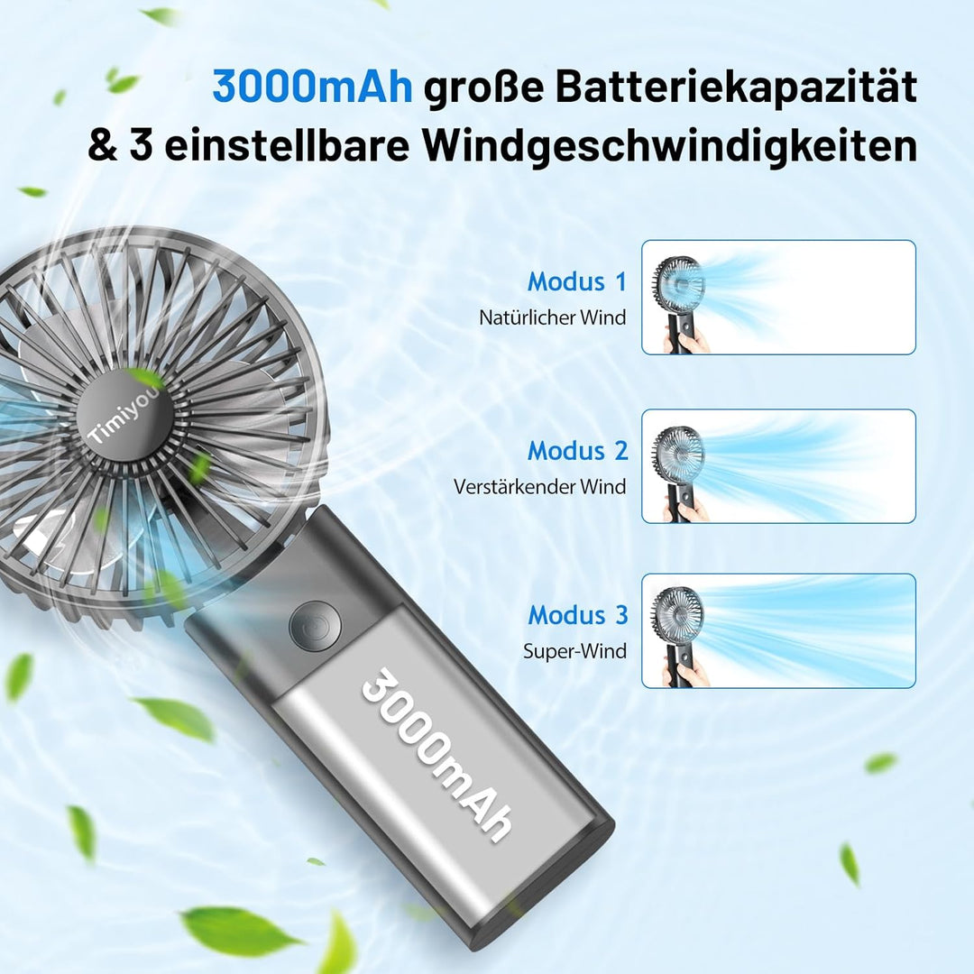 Timiyou Handventilator Mini Tragbarer USB-Lüfter mit 3000mAh Akku – Faltbar, Wiederaufladbar, 90° Ve
