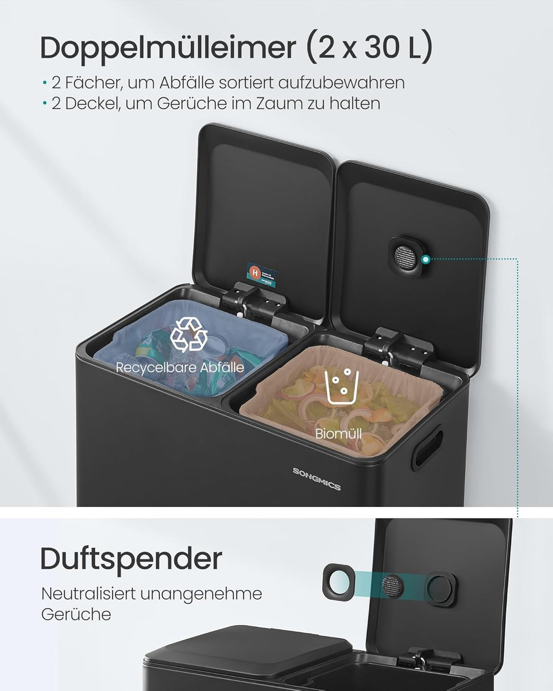SONGMICS Mülleimer Küche, 2 x 30 L, 2 Fächer, Mülltrennsystem, Softclose, herausnehmbare Inneneimer,