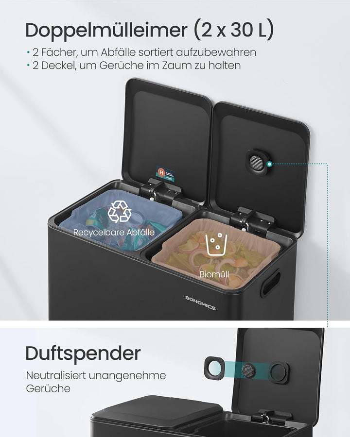 SONGMICS Mülleimer Küche, 2 x 30 L, 2 Fächer, Mülltrennsystem, Softclose, herausnehmbare Inneneimer,