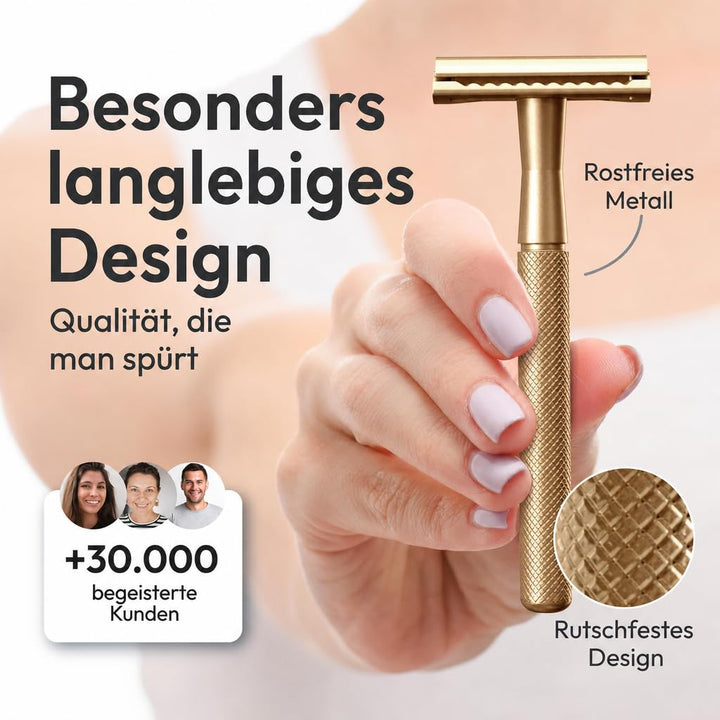 ANYMALE® Rasierhobel Gold Edition - Damen Set mit Ständer und 5 ASTRA Klingen - Plastikfreier Rasier