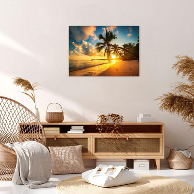 Bilder auf Leinwand Meer Strand Palme Leinwandbild mit Rahmen 70x50cm Wandbilder Dekoration Wohnzimm