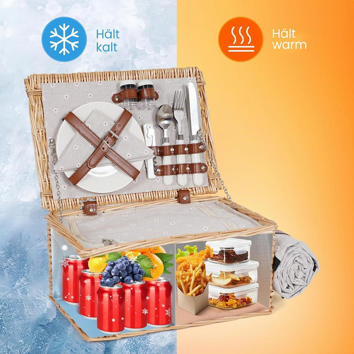 Picknickkorb für 2 Personen - Isolierter Vintage Weidenkorb mit wasserdichter Matte &amp; Besteckset Paa