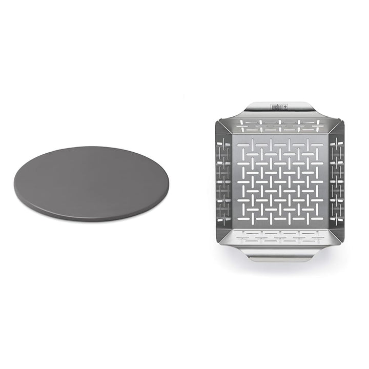 Weber glasierter Pizzastein, rund, 36 cm 18412 Schwarz & 6481 Deluxe Gem sekorb 19x24 cm, Grillkorb,