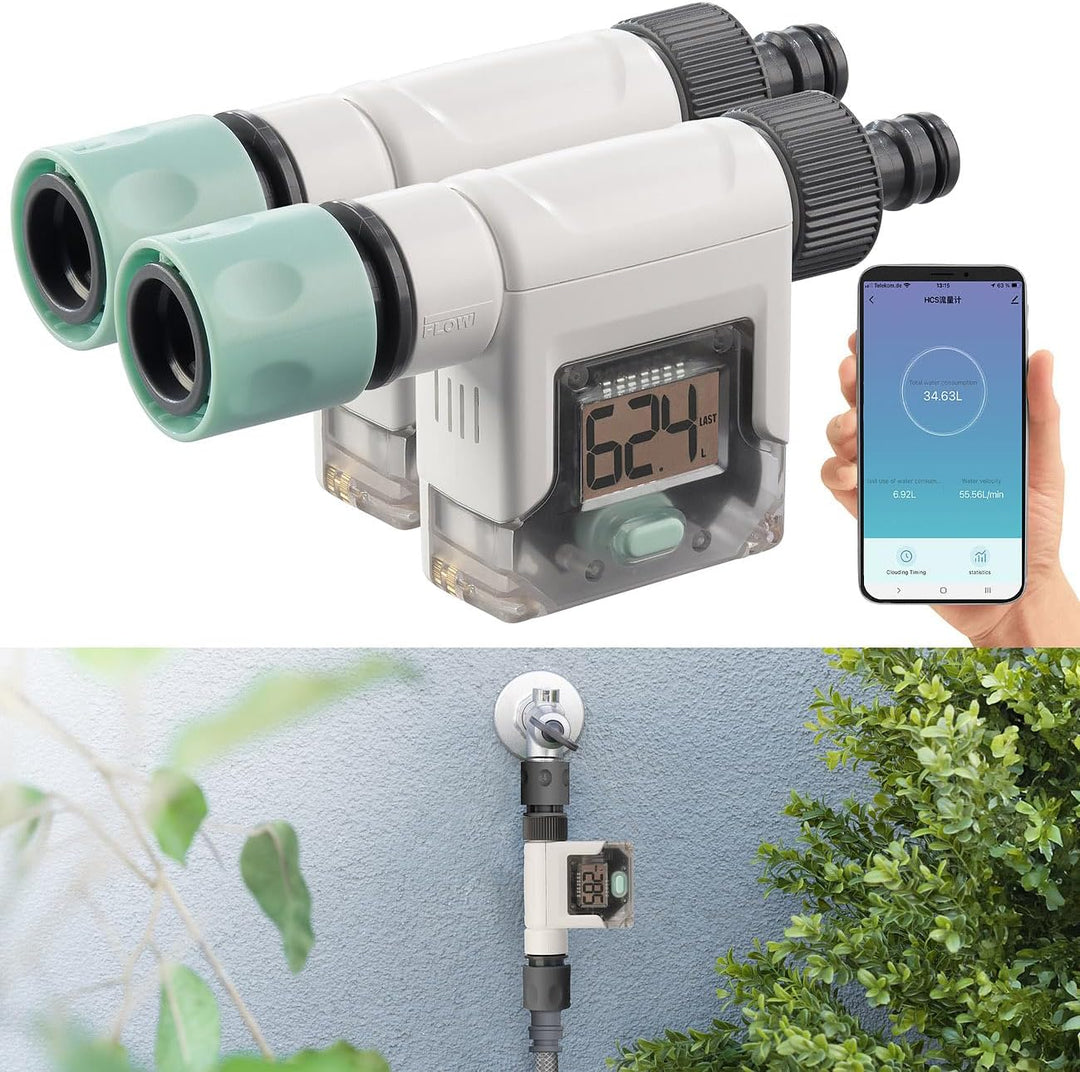 Royal Gardineer Garten-Wasser-Zähler: 2er-Set Smart-Wasserzähler für Gartenschlauch, Display, Blueto