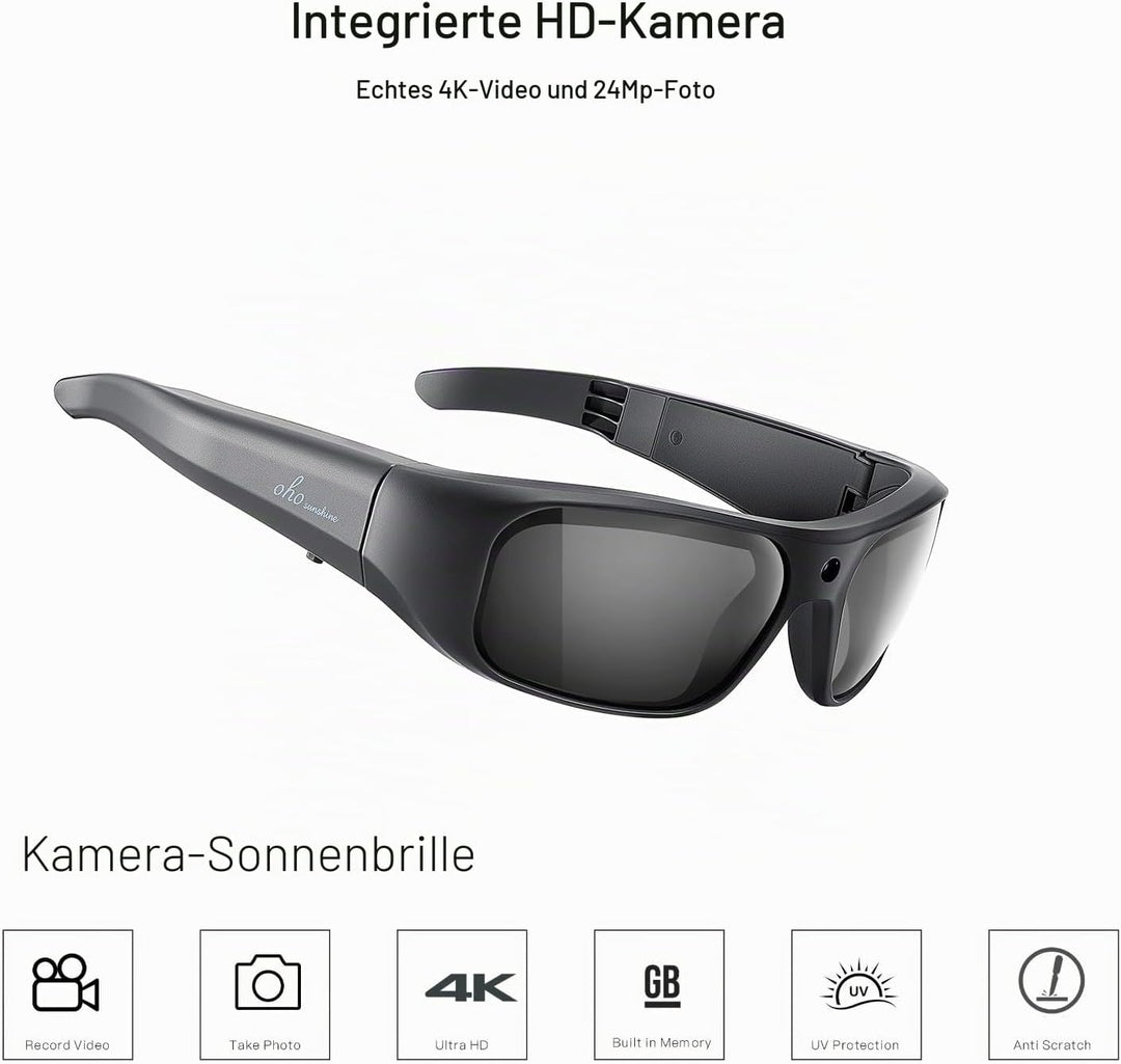 OHO 4K Ultra HD Water Resistance Video Sunglasses, Sports Action Camera with Built-in Memory and Pol