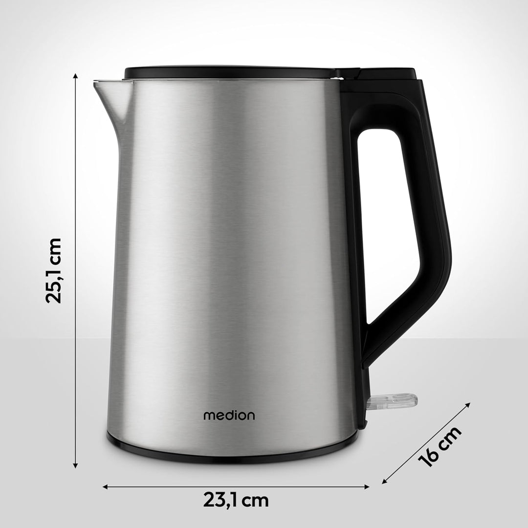 MEDION Wasserkocher Edelstahl (1,5 Liter, 2.200 Watt, 360° Basis, Warmhaltefunktion, LED Betriebsanz