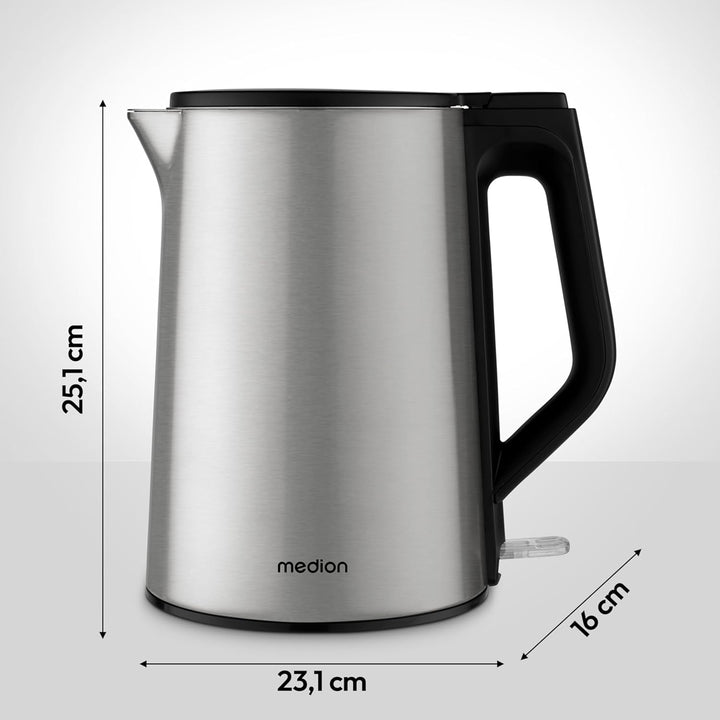 MEDION Wasserkocher Edelstahl (1,5 Liter, 2.200 Watt, 360° Basis, Warmhaltefunktion, LED Betriebsanz
