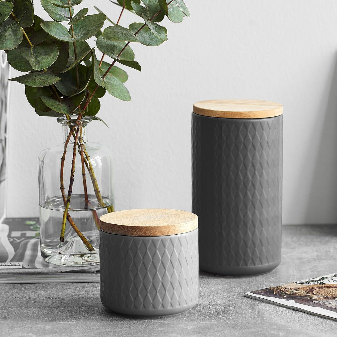 SPRINGLANE Keramik Vorratsdosen 2-tlg. Set mit Holzdeckel Grau, Kautschukholz-Deckel, Aufbewahrungsd