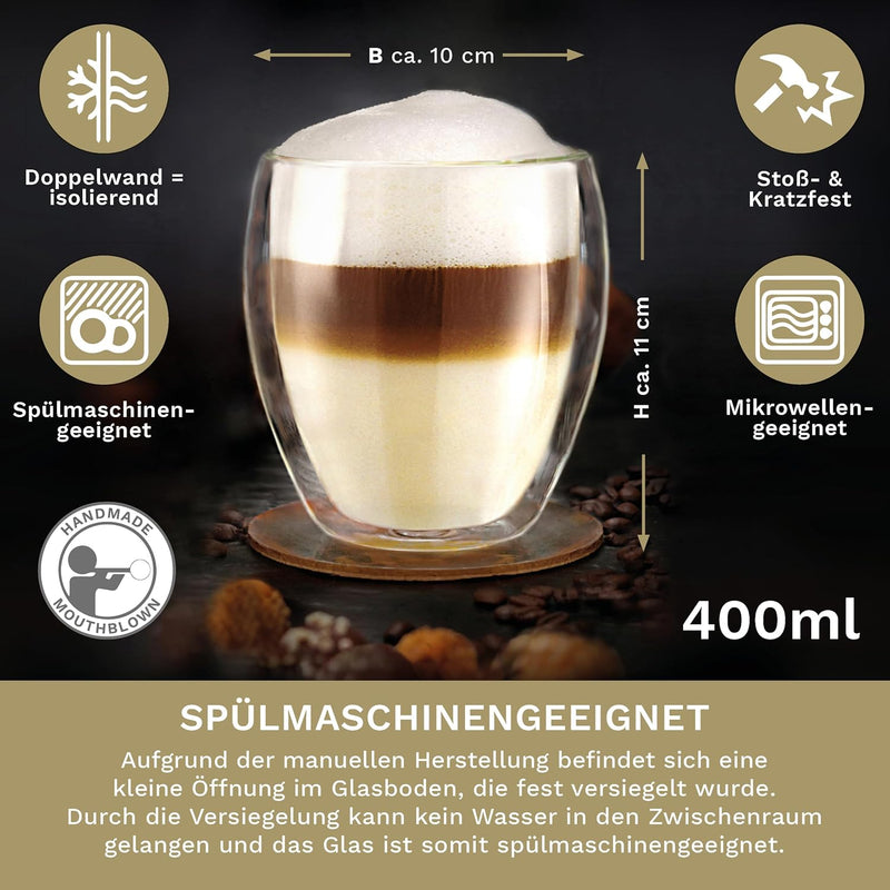 Creano doppelwandige Gläser 400ml „DG-Bauchig“, 6er Set, grosses Thermoglas doppelwandig aus Borosil