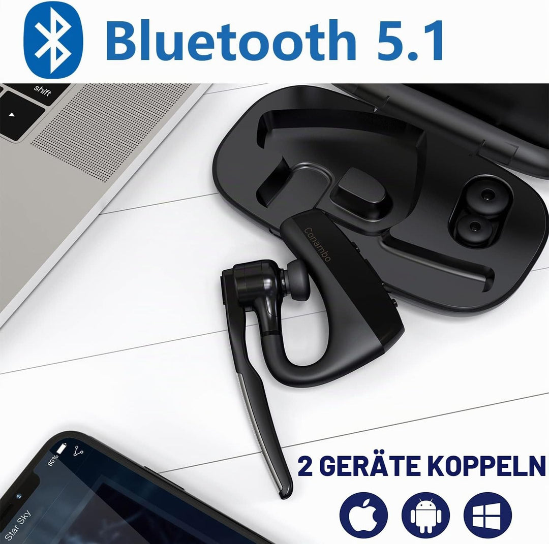 Conambo Bluetooth Headset V5.1 Wireless Headset Hands-Free CVC8.0 Dual-mic, Noise cancelling, Mute K