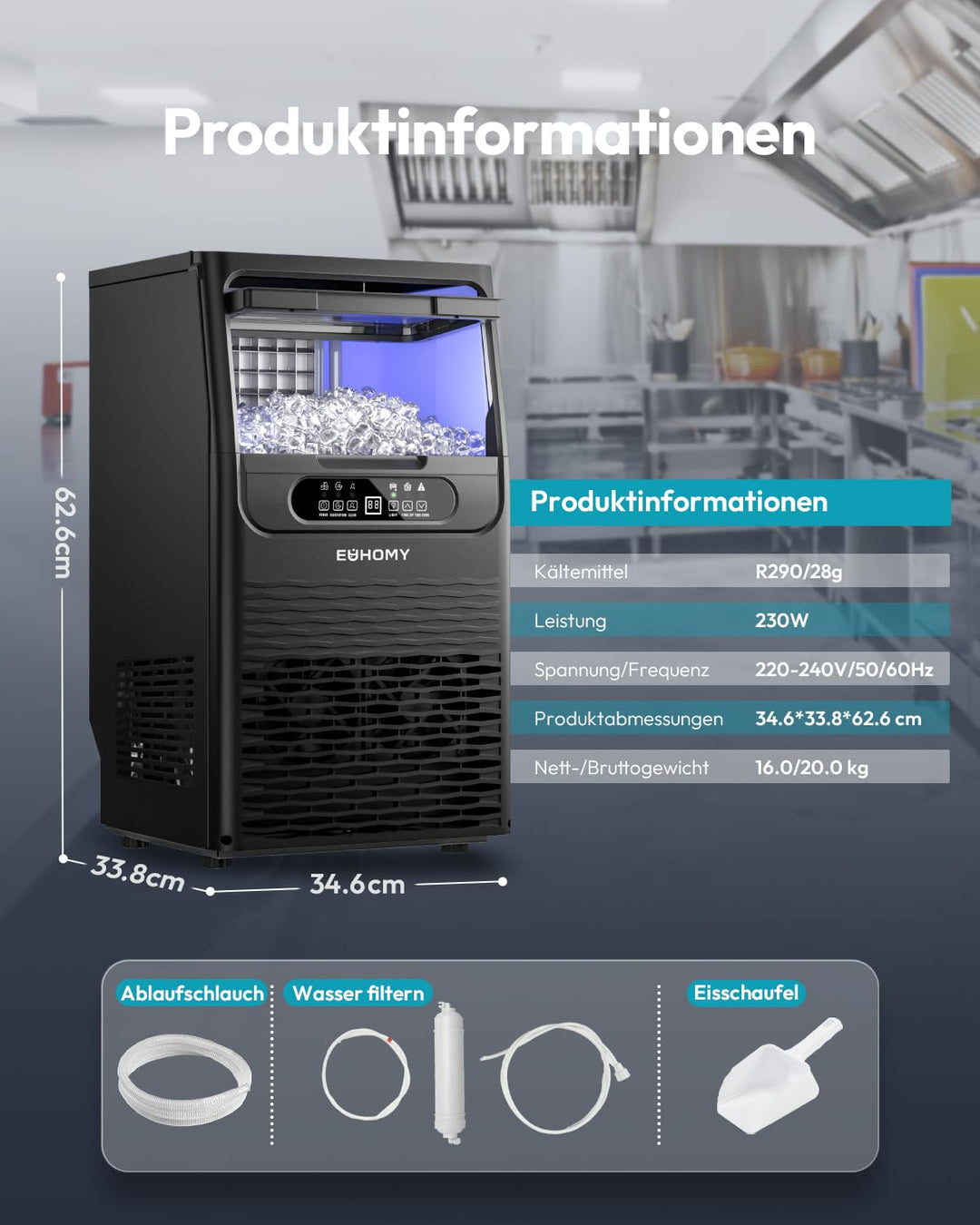 EUHOMY Gewerbliche Eiswürfelmaschine 32KG/24H | 36 Eiswürfel in 11 Min, Unterbau-Eismaschine mit Was