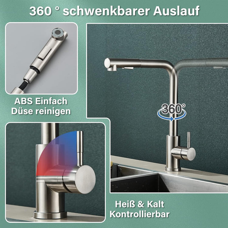 Wasserhahn Küche Edelstahl Küchenarmatur Mischbatterie mit Brause Ausziehbar Hochdruck 360° Schwenkb