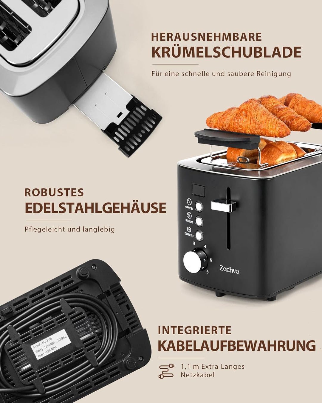 Edelstahl 2 Scheiben Toaster mit LED-Countdown & Brötchenaufsatz, extra breite 3,5 cm Schlitze für T