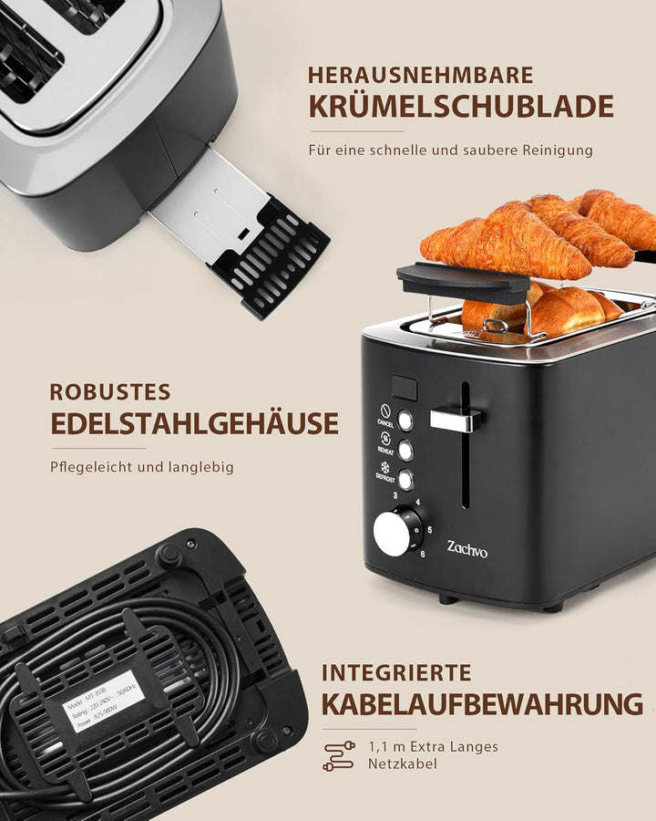 Edelstahl 2 Scheiben Toaster mit LED-Countdown & Brötchenaufsatz, extra breite 3,5 cm Schlitze für T