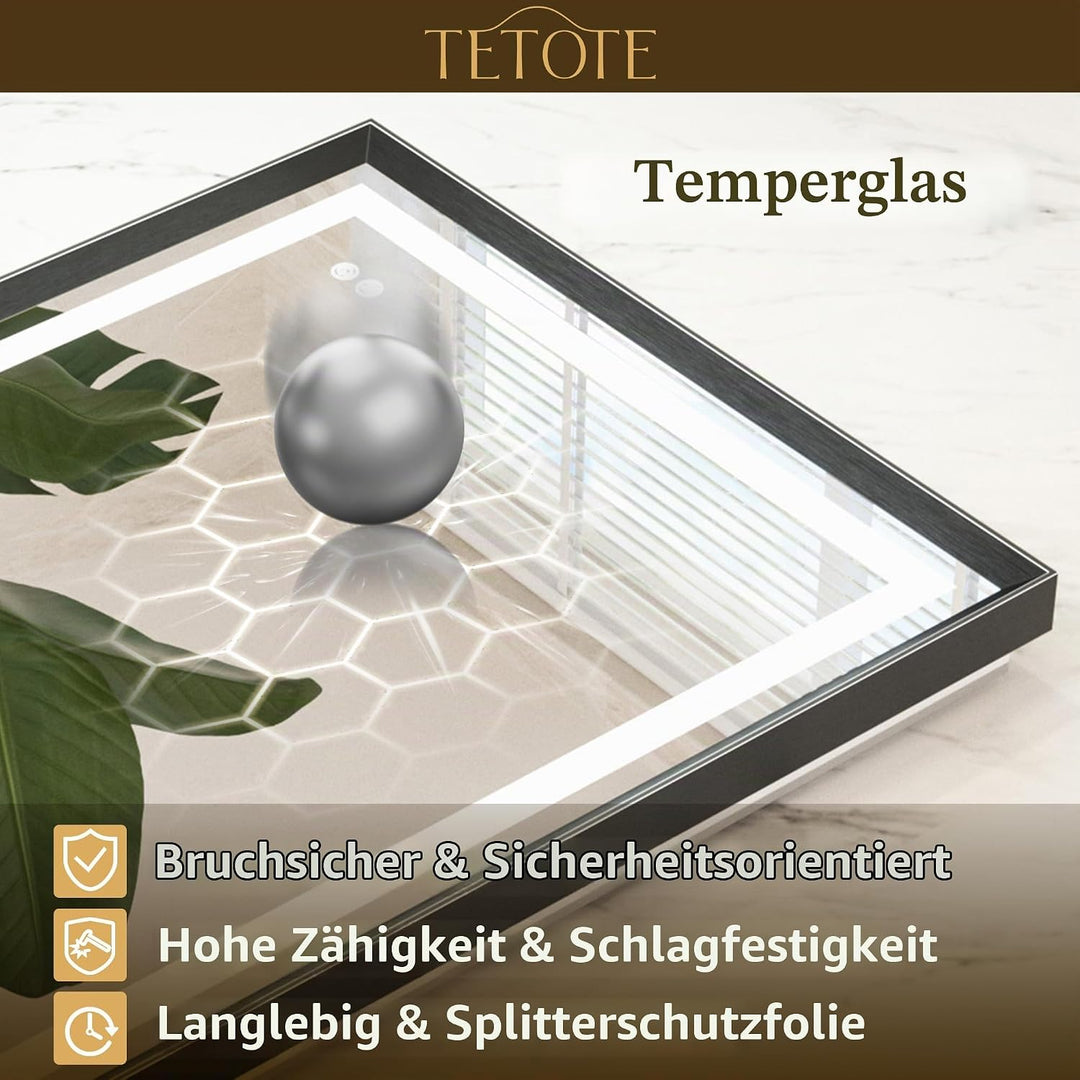 TETOTE Badspiegel mit Beleuchtung Schwarz Metallrahmen 100x60cm, Badezimmerspiegel Beleuchtet Beschl