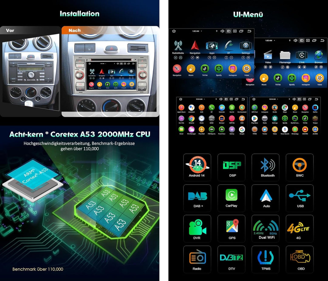 Erisin 8-Kern 4GB+64GB 7 Zoll Android 14 Autoradio Bluetooth GPS Navigation für Ford Focus Fiesta Tr