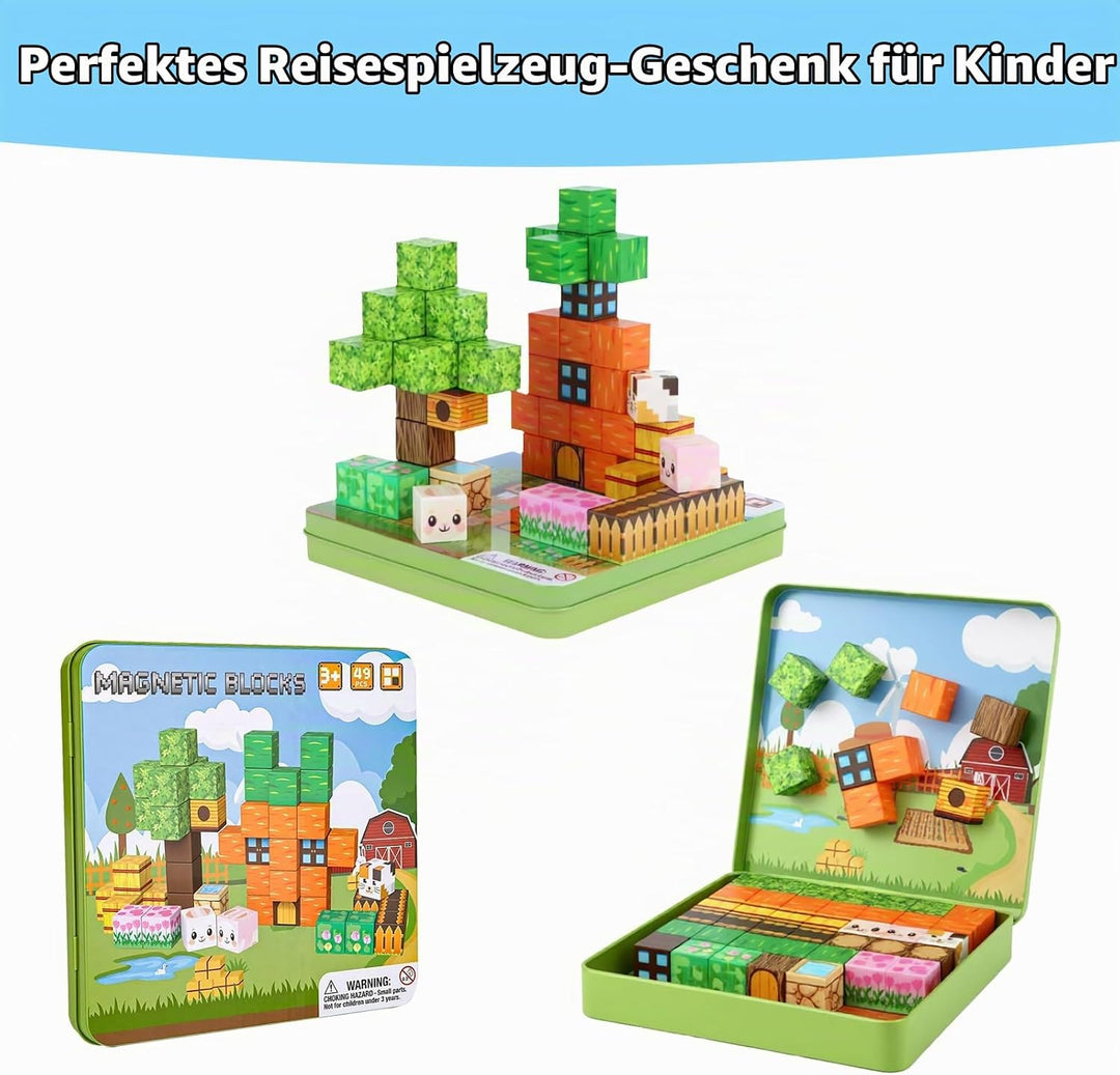 MEESHEEP Magnetbausteine 49 Teile, Karottenmotiv mit Metallbox – Reisegeeignetes Flugzeug- &amp; Autospi