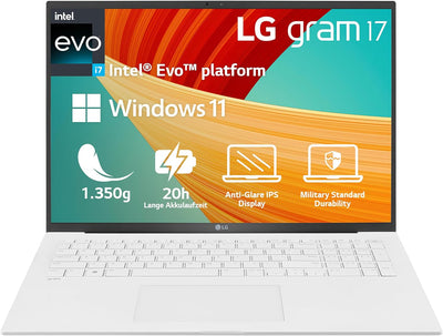 2023 LG gram 17 Zoll Ultralight Notebook - 1.350g Intel Core i7 Laptop (16GB RAM, 1TB SSD, 20h Akkul