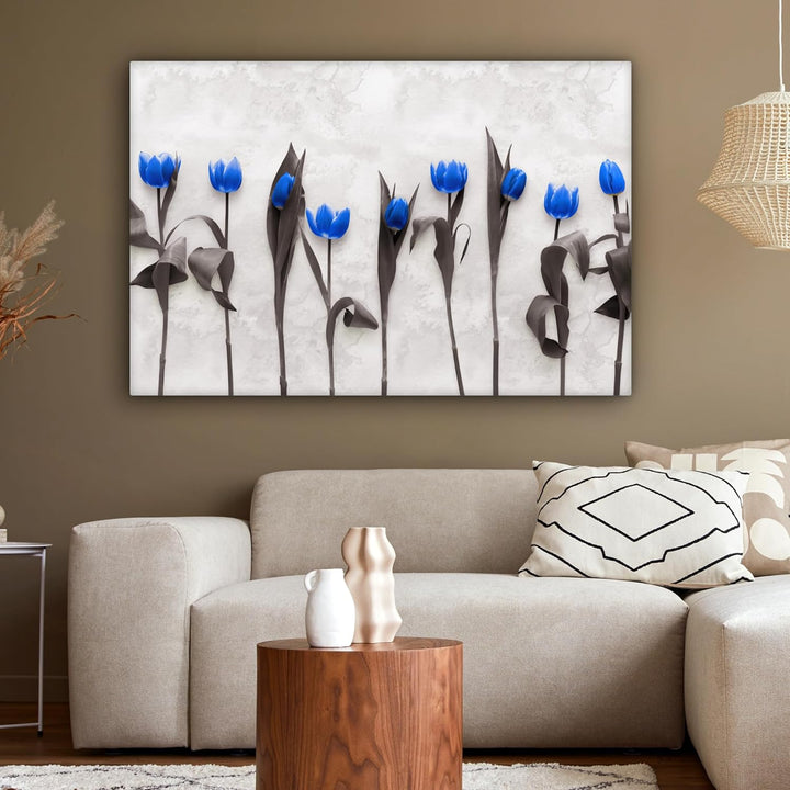 MuchoWow Leinwand Bilder, Einzigartige Wanddeko mit Rahmen, Blumen - Tulpen - Blau, Wandbilder Wohnz