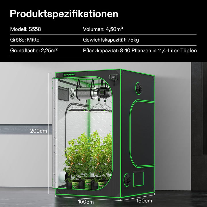 VIVOSUN Growzelt 150x150x200cm lichtdichtes Indoor Hydroponik Zelt mit reflektierendem Mylar Sichtfe