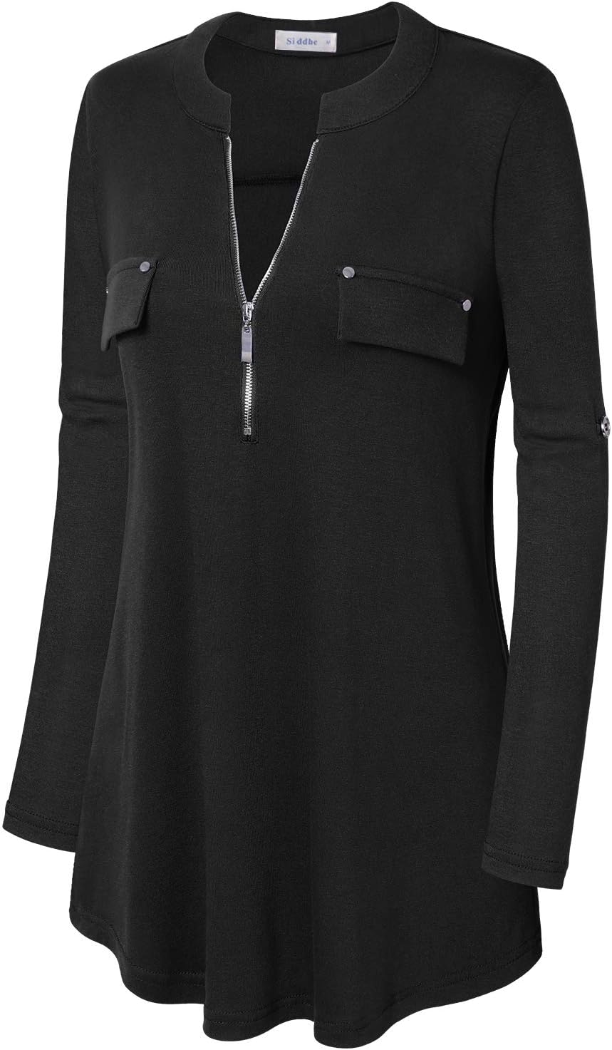 Siddhe Damen V-Ausschnitt Bluse 3/4 Ärmel Tunika mit Reissverschluss Elegant Longbluse Lange Shirt C