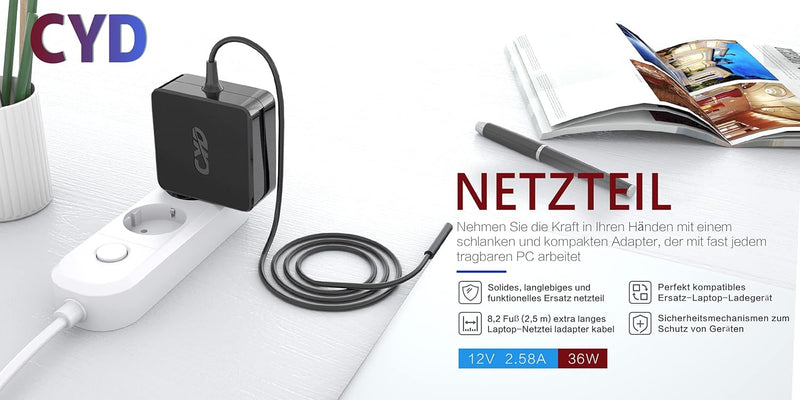 CYD 12V 2.58A 36W Notebook Netzteil-Ladegerät für Microsoft-Ladekabel-Laptop Surface Pro 3/Pro 4/Pro