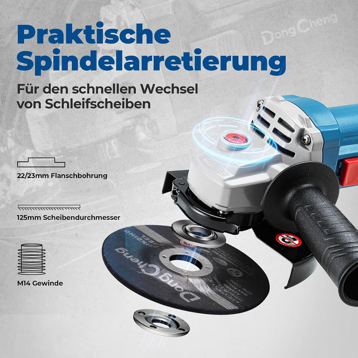 DongCheng Winkelschleifer 1100W, 125mm, Leerlaufdrehzahl:11.800min-1, Schnellverschlussabdeckung, Zu