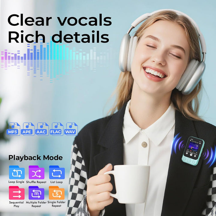 64GB MP3 Player Bluetooth 5.3 mit Clip, Touchscreen &amp; Tasten, Lautsprecher