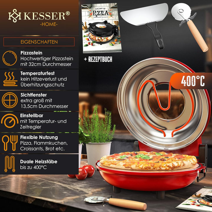 KESSER® Pizza-Ofen elektrisch bis 400 Grad | Elektrischer Pizzabäcker 1200W mit feuerfester Steinpla