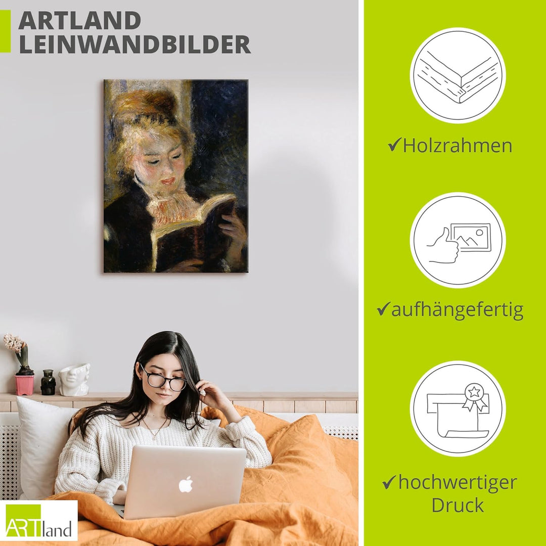 ARTland Leinwandbilder Wandbild Bild auf Leinwand 45x60 cm Wanddeko Frau Buch Lesendes Mädchen Impre