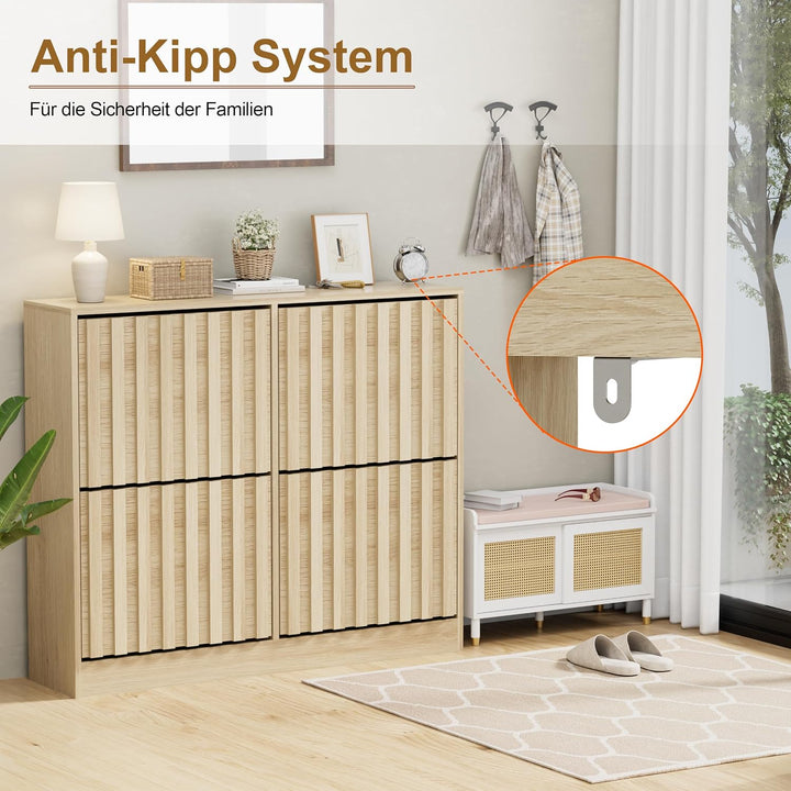 UEV Schuhschrank mit 4 Klappen Holz Schmal Schuhkipper Schuhkommode mit Kippschutz, Schuhaufbewahrun