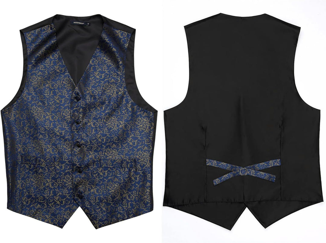 HISDERN Herren Weste Paisley Floral Jacquard Krawatte Einstecktuch Taschentuch Weste Anzug Set S Nav