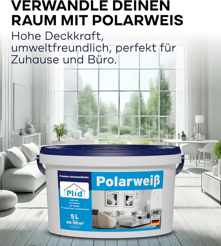 plid® Polarweiss Wandfarbe Weiss matt 5L [HOHE DECKKRAFT] - Weisse Wandfarbe Polarweiss geruchsarm -