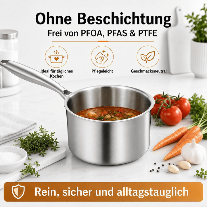DELARLO Stielkasserolle 14 cm, 1 L Kochtopf mit Glasdeckel | Durchgehend 3-lagige Konstruktion, Glei
