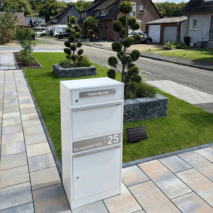 Metzler Paketbriefkasten mit LED-Beleuchtung und Namensgravur, solarbetrieben und abschliessbar, Wei