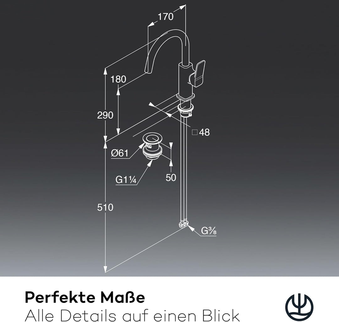 KLUDI-X3 Waschtischarmatur mit Push-Open Ablaufgarnitur, 360° schwenkbar, Auslaufhöhe 180 mm, wasser
