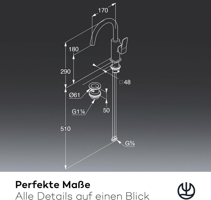 KLUDI-X3 Waschtischarmatur mit Push-Open Ablaufgarnitur, 360° schwenkbar, Auslaufhöhe 180 mm, wasser