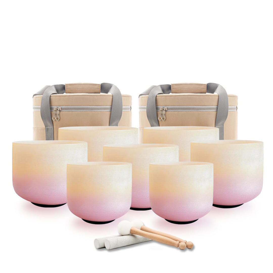 Hye-eun Sunset Kristall Klangschalen Set 432hz, 7-12 Zoll Quarz Crystal Singing Bowl Meditationsset