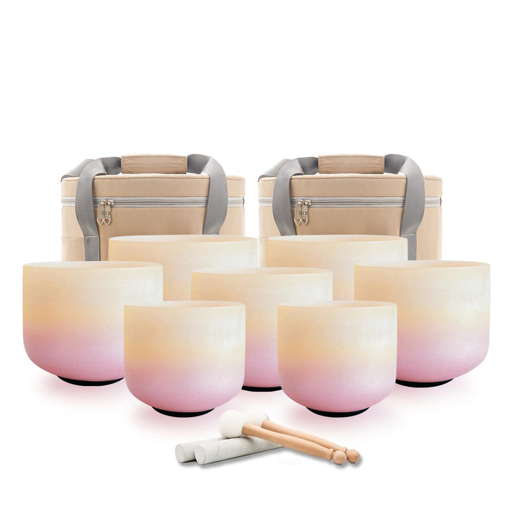 Hye-eun Sunset Kristall Klangschalen Set 432hz, 7-12 Zoll Quarz Crystal Singing Bowl Meditationsset