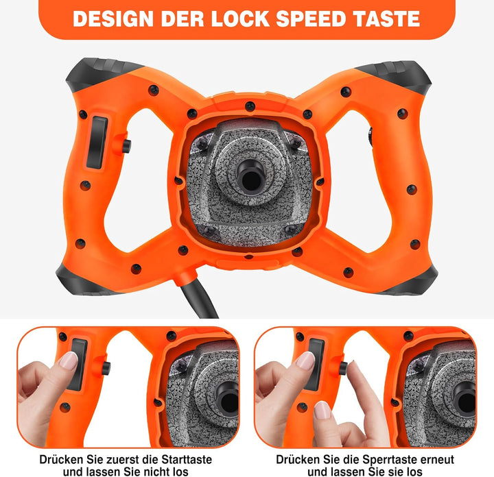 Orange Rührwerk mit starken 2600 Watt – Farb-Mörtelrührer Betonrührer – robustes 6-Gang-Metallgetrie