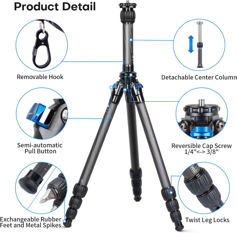 SIRUI AM-254+SL-200 Fotostativ Carbon Dreibein-Stative Beine Stative Tripod mit Mittelsäule, leichte