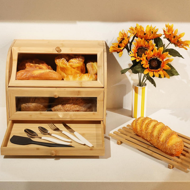 Ribelli Bambus Brotkasten mit 2 Etagen und Schublade, Grosser Brotbehälter mit Brotschneidebrett, Ho