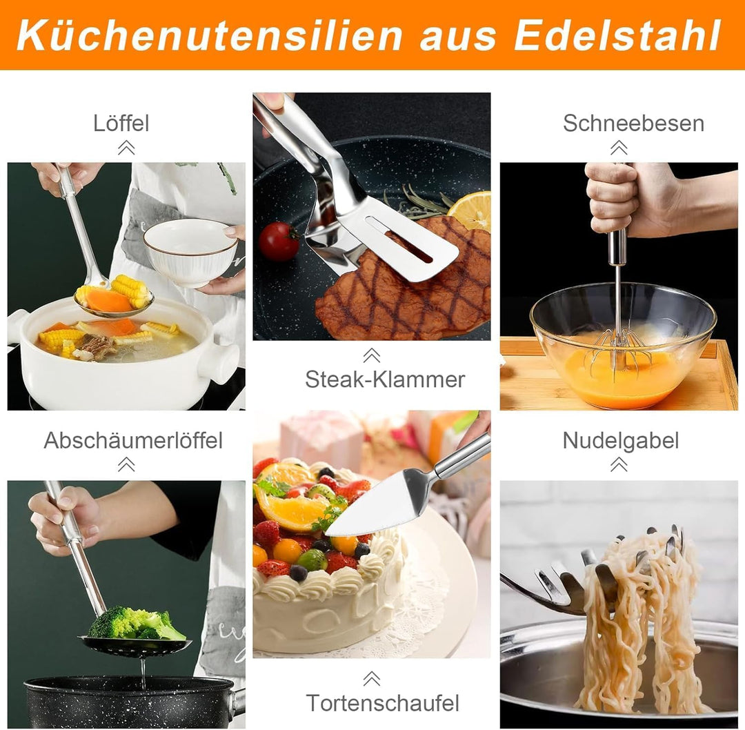 Kottwca Edelstahl Kochutensilien Set - 13 - Stück Set, Wärmebeständig, Kunststoff - frei, Antihaft H