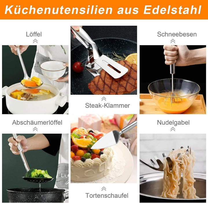 Kottwca Edelstahl Kochutensilien Set - 13 - Stück Set, Wärmebeständig, Kunststoff - frei, Antihaft H
